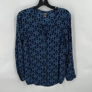 Eddie Bauer Women's Blue & Navy  Long Sleeve V Neck Button Up Shirt Size Medium